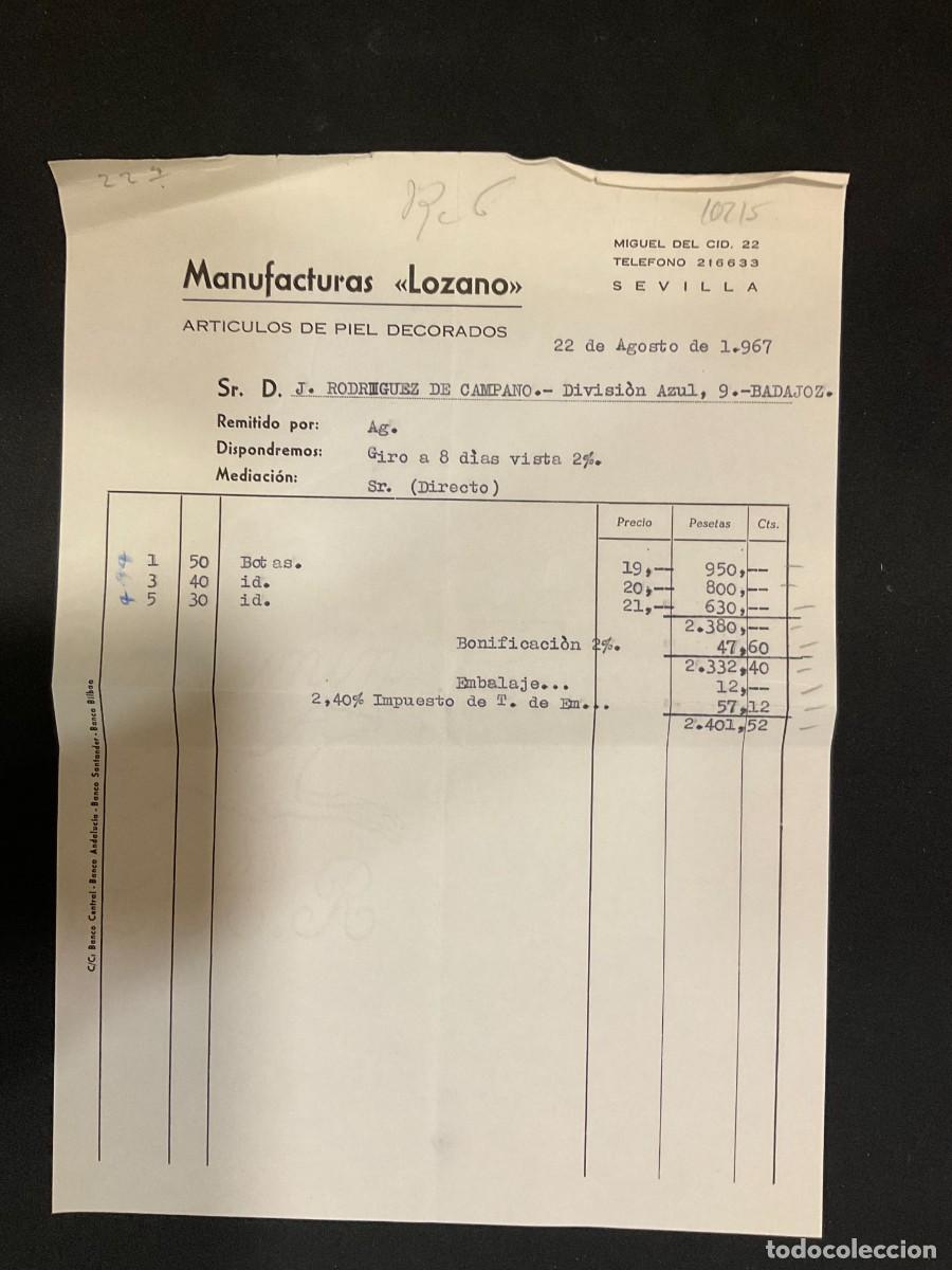 Factures anciennes: FACTURA. MANUFACTURAS LOZANO. ARTICULOS DE PUEL DECORADOS. 1967. SEVILLA