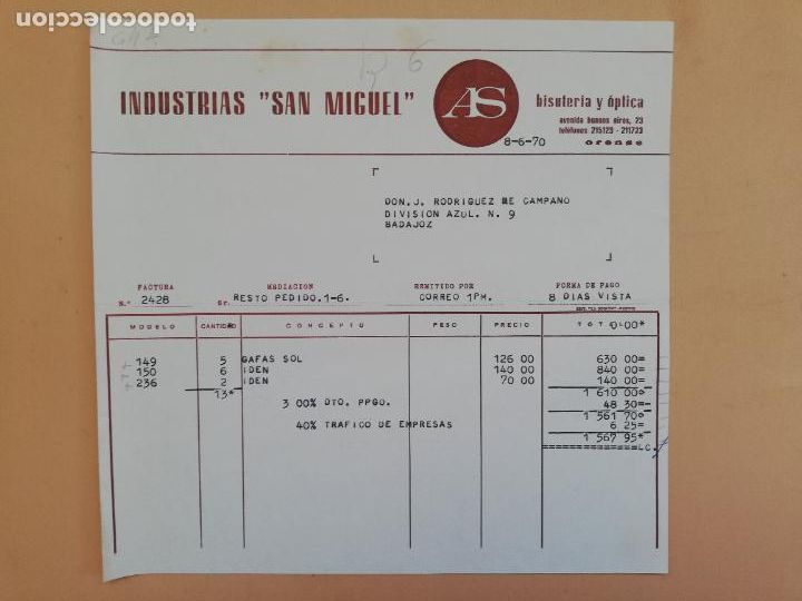 Facturas antiguas: FACTURA. INDUSTRIAS SAN MIGUEL. BISUTERIA Y OPTICA. ORENSE, 1970.