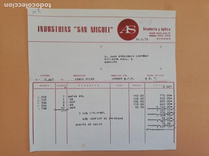 Facturas antiguas: FACTURA. INDUSTRIAS SAN MIGUEL. BISUTERIA Y OPTICA. ORENSE, 1973.