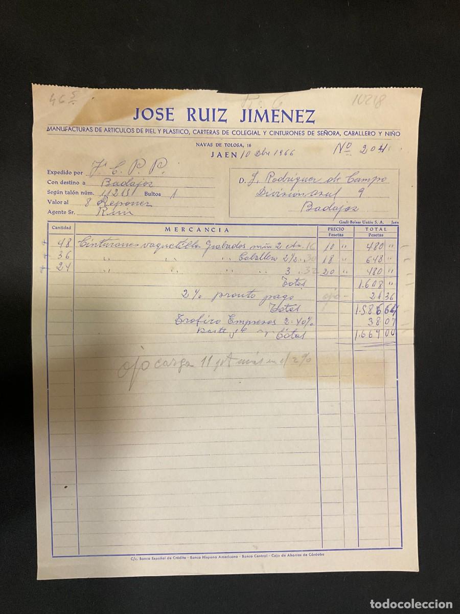 Factures anciennes: FACTURA. JOSE RUIZ JIMENEZ. JAEN. NAVAS DE TOLOSA. 1966. PLASTICOS. CARTERAS. CINTURONES