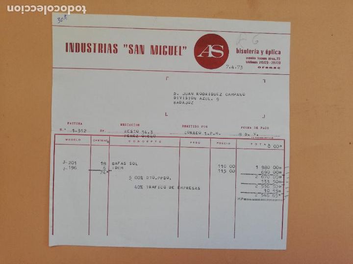 Factures anciennes: FACTURA. INDUSTRIAS SAN MIGUEL. BISUTERIA Y OPTICA. ORENSE, 1973.