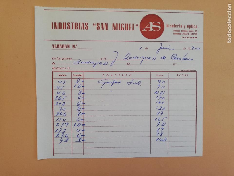 Factures anciennes: FACTURA. INDUSTRIAS SAN MIGUEL. BISUTERIA Y OPTICA. ORENSE, 1970.