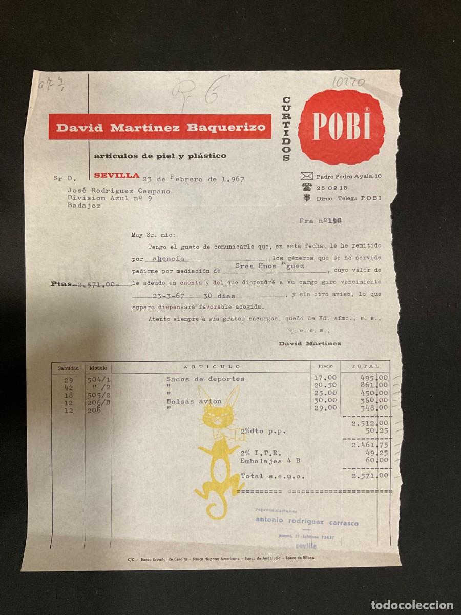Factures anciennes: FACTURA. DAVID MARTINEZ BAQUERIZO. CURTIDOS. POBI. PIEL Y PLASTICO. SEVILLA 1967