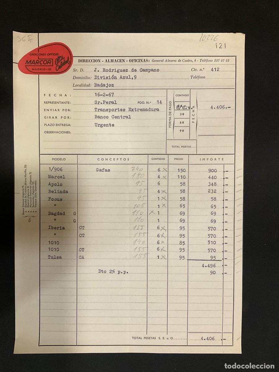 Factures anciennes: FACTURA. CREACIONES OPTICAS MARCOR. MADRID. 1967. ALTA CALIDAD