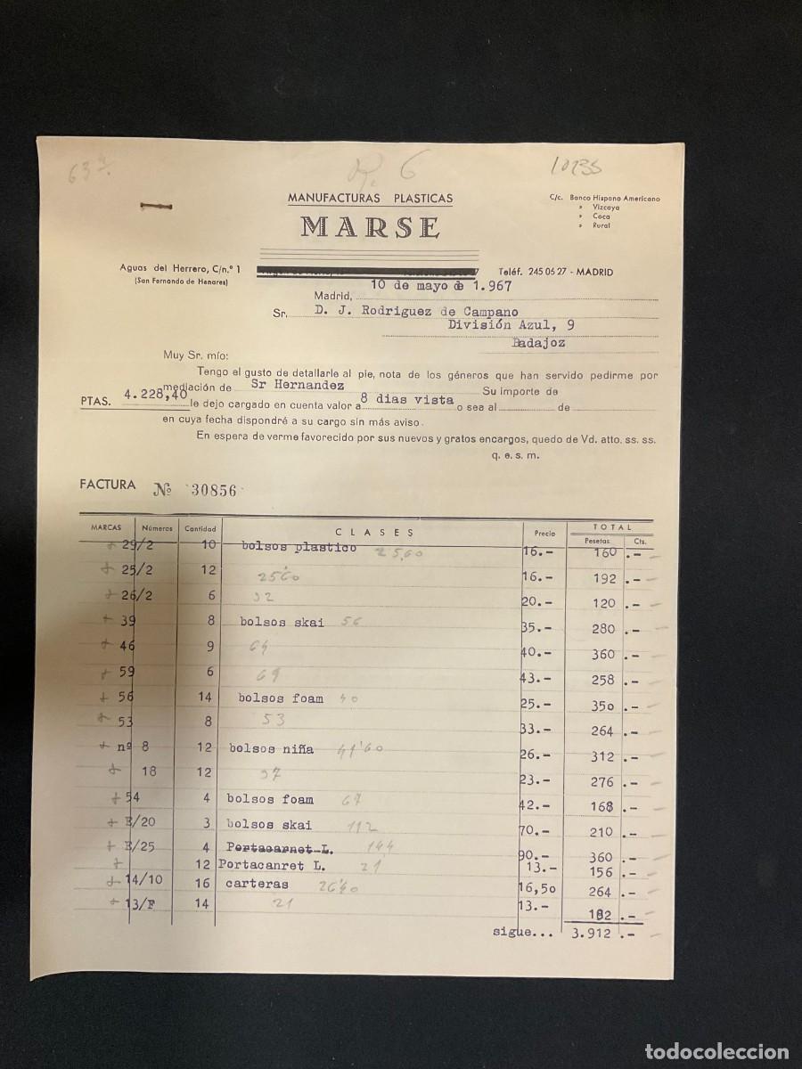 Factures anciennes: FACTURA. MANUFACTURAS PLASTICAS. MARSE. MADRID. 1967. BOLSOS.