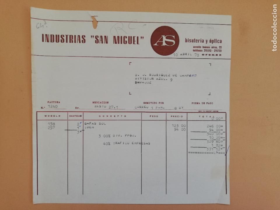Factures anciennes: FACTURA. INDUSTRIAS SAN MIGUEL. BISUTERIA Y OPTICA. ORENSE, 1970.