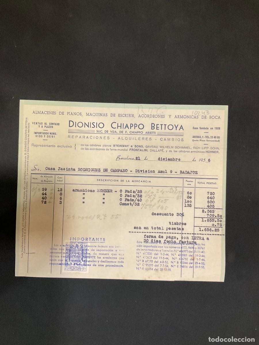 Alte Rechnungen: FACTURA. DIONISIO CHIAPPO BETTOYA. BARCELONA. 1956. ALMACEN DE PIANOS. MAQUINAS DE ESCRIBIR.