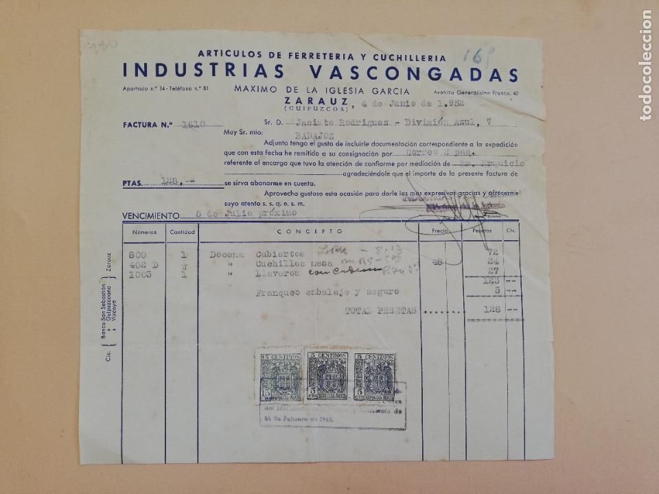 Alte Rechnungen: FACTURA. ARTICULOS DE FERRETERIA Y CUCHILERIA. INDUSTRIAS VASCONGADAS. ZARAUZ, QUIPUZCOA, 1952.