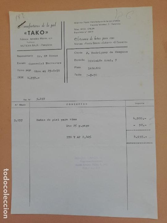 Alte Rechnungen: FACTURA. TAKO. MANUFACTURAS DE LA PIEL. ARTESANIA DE BOTAS PARA VINO. PAMPLONA. 1970.