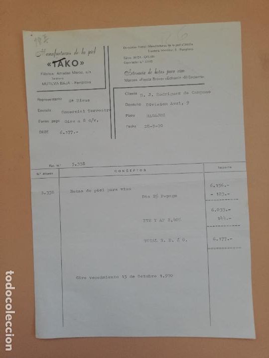 Alte Rechnungen: FACTURA. TAKO. MANUFACTURAS DE LA PIEL. ARTESANIA DE BOTAS PARA VINO. PAMPLONA. 1970.