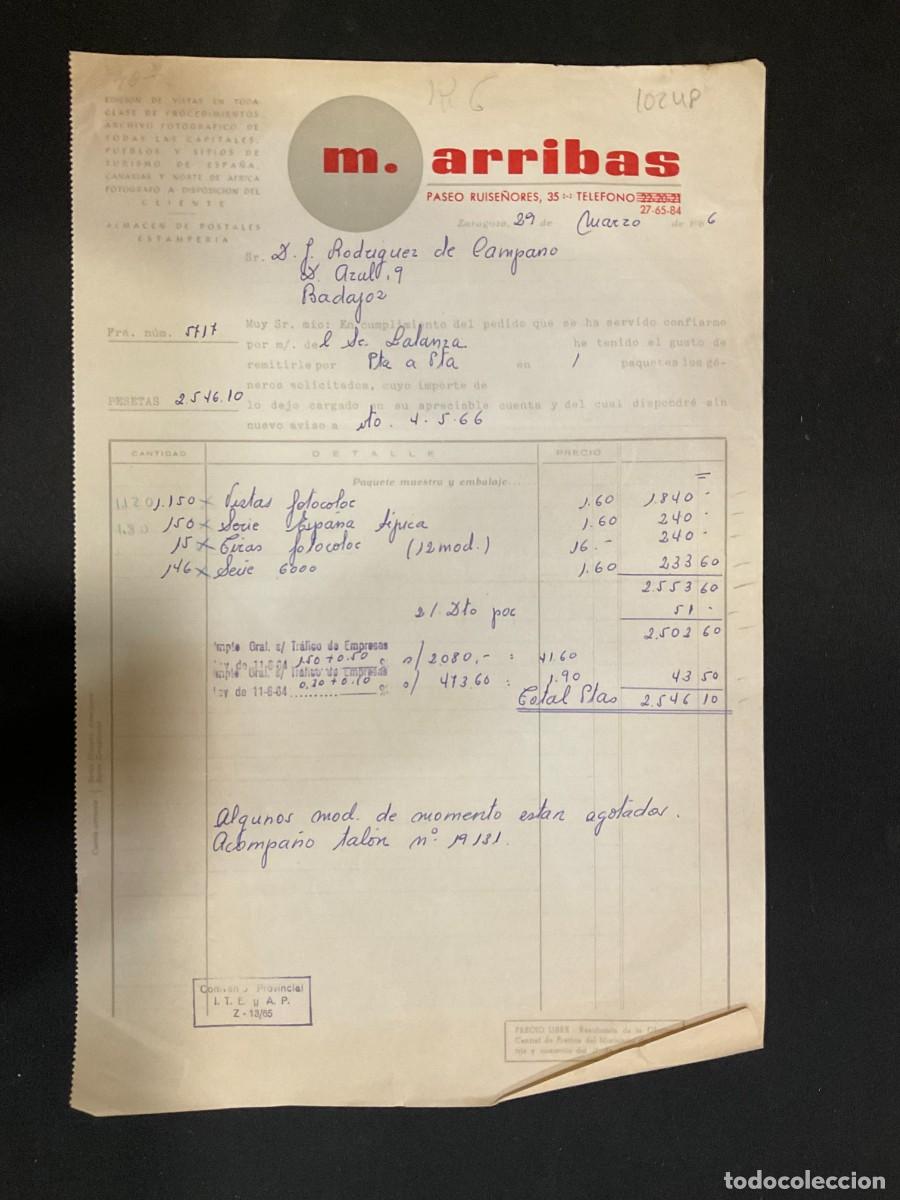 Alte Rechnungen: FACTURA. M. ARRIBAS. ZARAGOZA 1966. TARJETAS POSTALES. ESTAMPERIA.