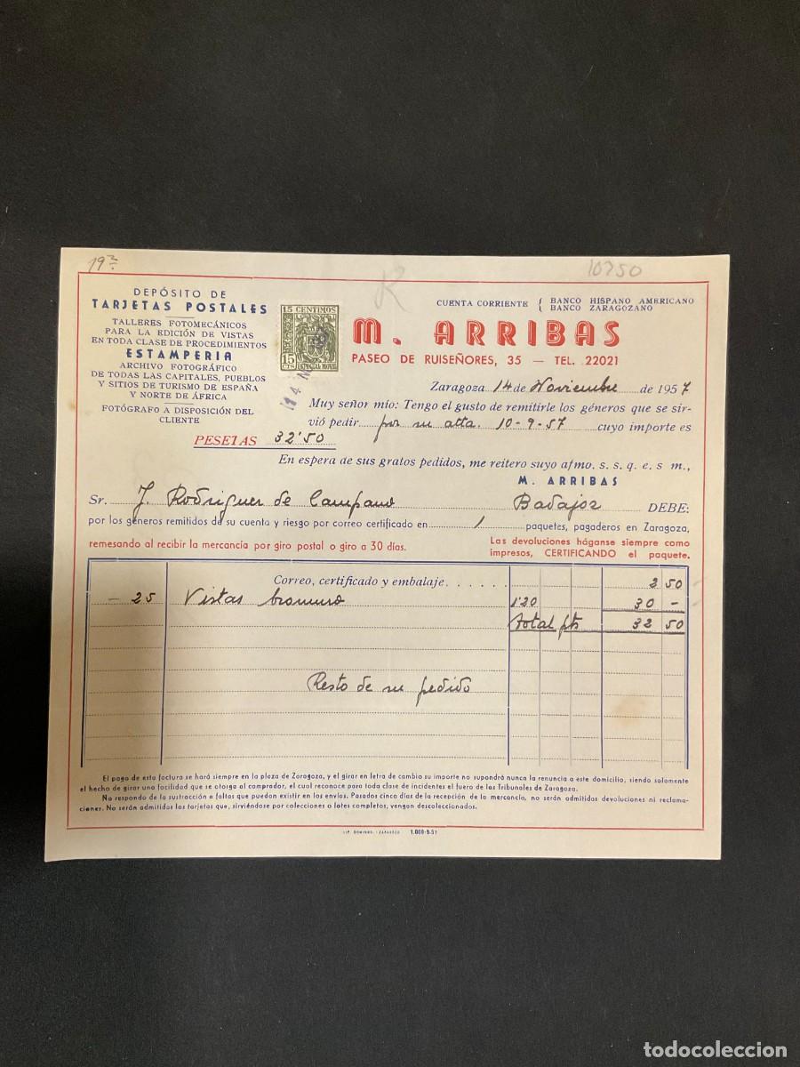 Alte Rechnungen: FACTURA. M. ARRIBAS. ZARAGOZA 1957. TARJETAS POSTALES. ESTAMPERIA.