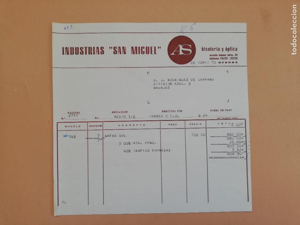 Alte Rechnungen: FACTURA. INDUSTRIAS SAN MIGUEL. BISUTERIA Y OPTICA. ORENSE, 1970.