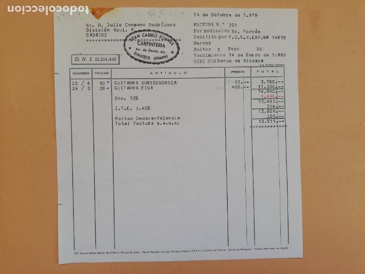 Alte Rechnungen: FACTURA. JUAN CARRIO FORNES. CARPINTERIA. BENIARBEIG, ALICANTE, 1980.