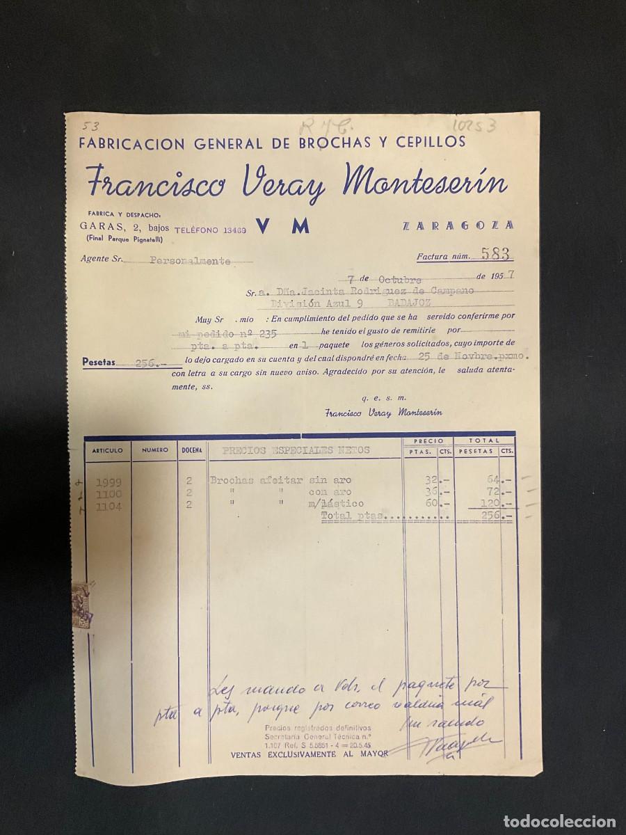 Alte Rechnungen: FACTURA. BROCHAS Y CEPILLOS. FRANCICO VERAY MOONTESERIN. ZARAGOZA. 1957