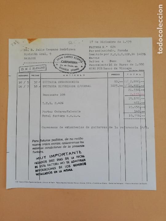 Alte Rechnungen: FACTURA. JUAN CARRIO FORNES. CARPINTERIA. BENIARBEIG, ALICANTE, 1980.