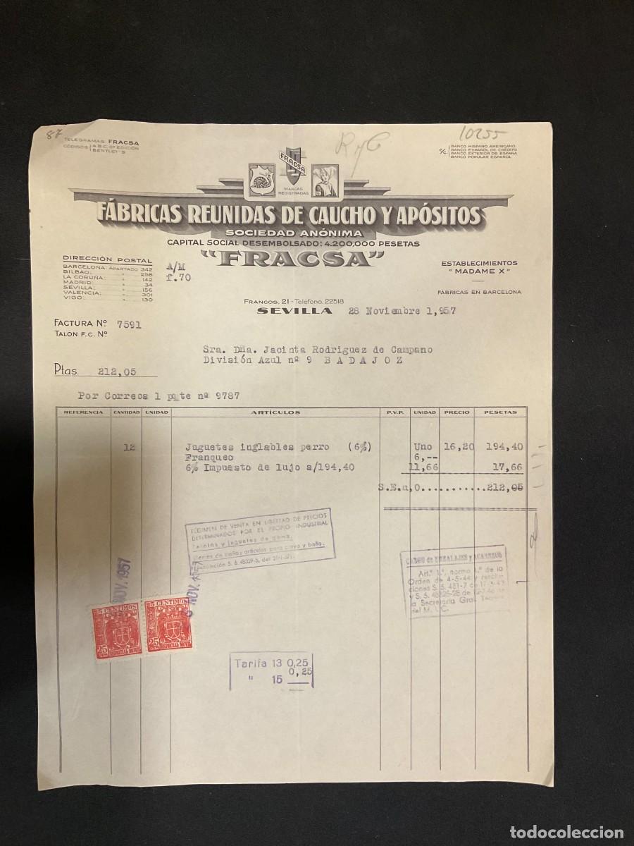 Alte Rechnungen: FACTURA. FABRICAS REUNIDAS DE CAUCHO Y APOSITOS. FRACSA. SEVILLA 1957.