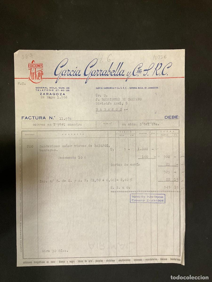 Alte Rechnungen: FACTURA. GARCIA GARRABELLA Y CIA. ZARAGOZA. 1966. EDICIONES LUKER.
