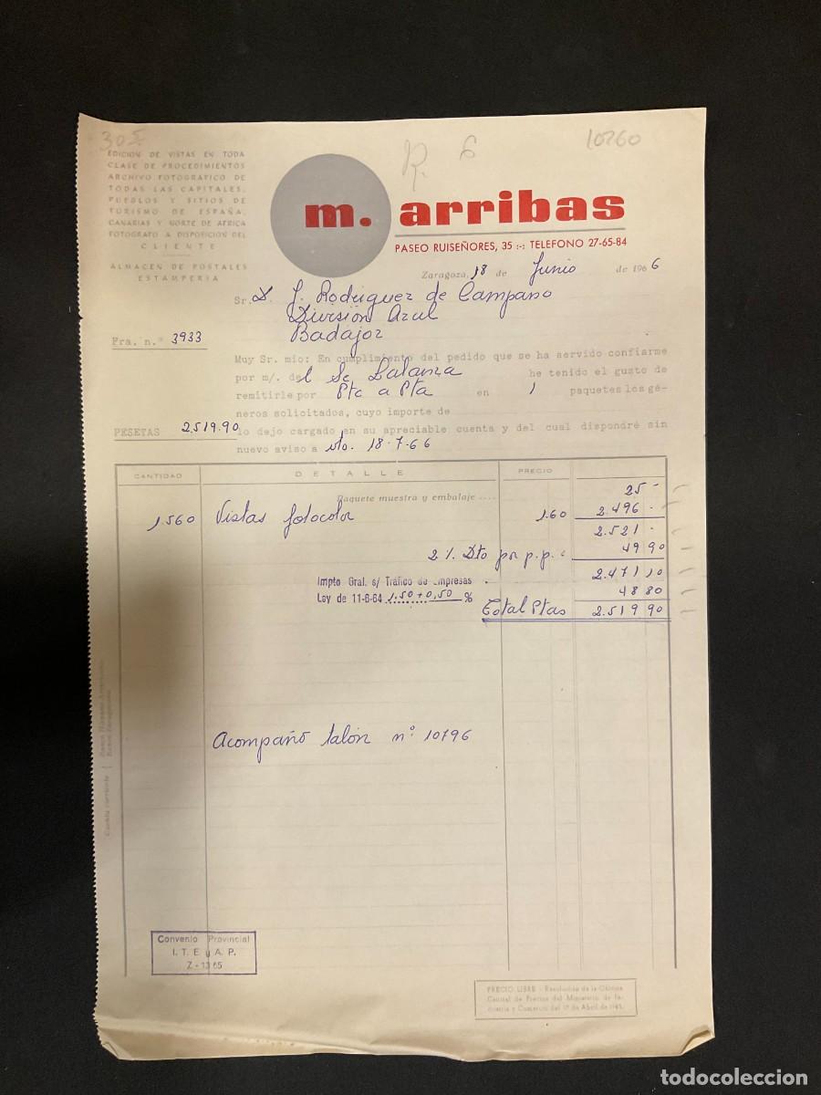 Alte Rechnungen: FACTURA. M. ARRIBAS. ZARAGOZA 1966. TARJETAS POSTALES. ESTAMPERIA.