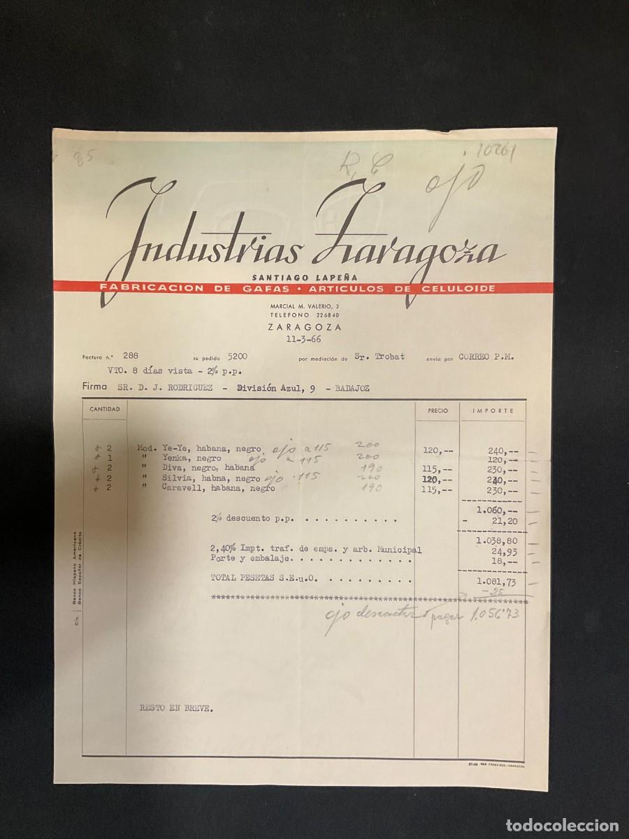 Alte Rechnungen: FACTURA. INDUSTRIAS ZARAGOZA. SANTIAGO LAPE&Ntilde;A. ZARAGOZA 1966. GAFAS.