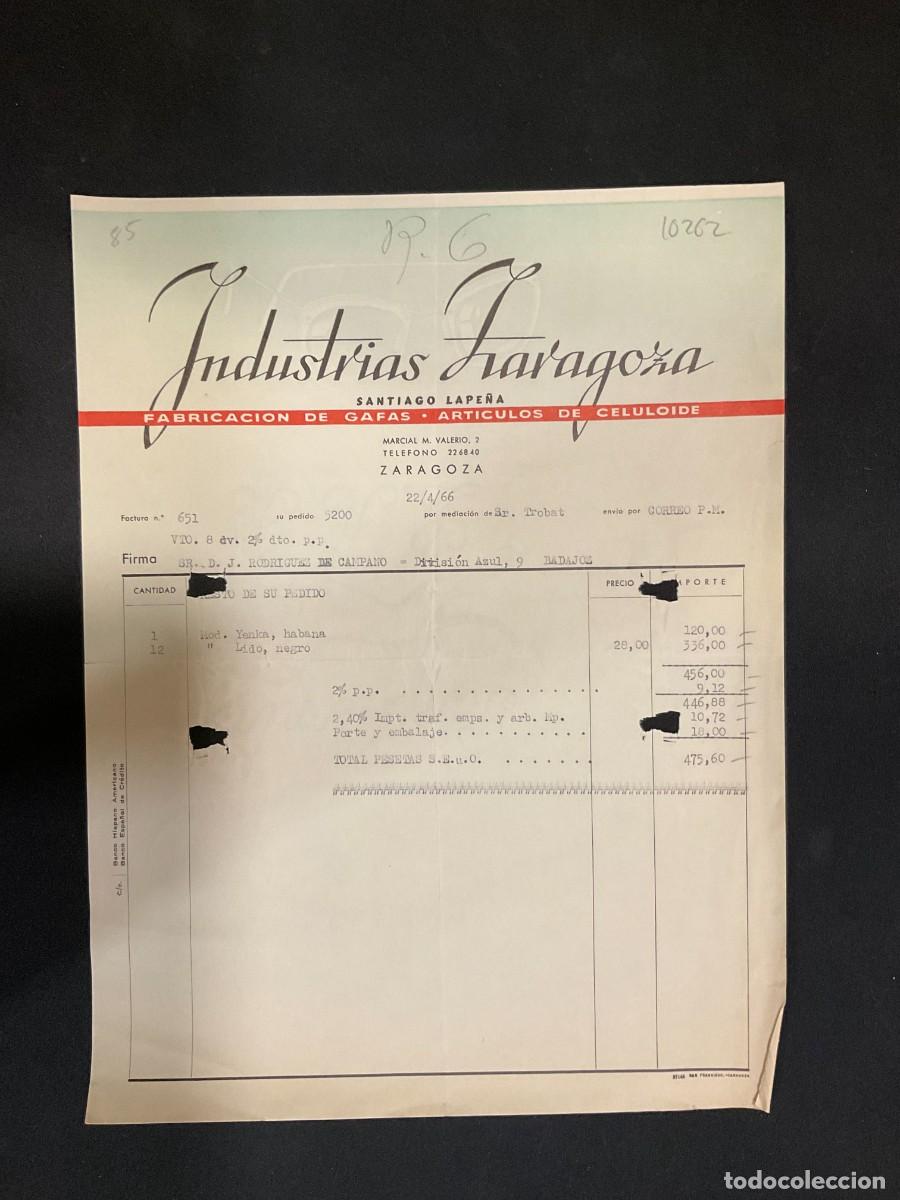 Alte Rechnungen: FACTURA. INDUSTRIAS ZARAGOZA. SANTIAGO LAPE&Ntilde;A. ZARAGOZA 1966. GAFAS.