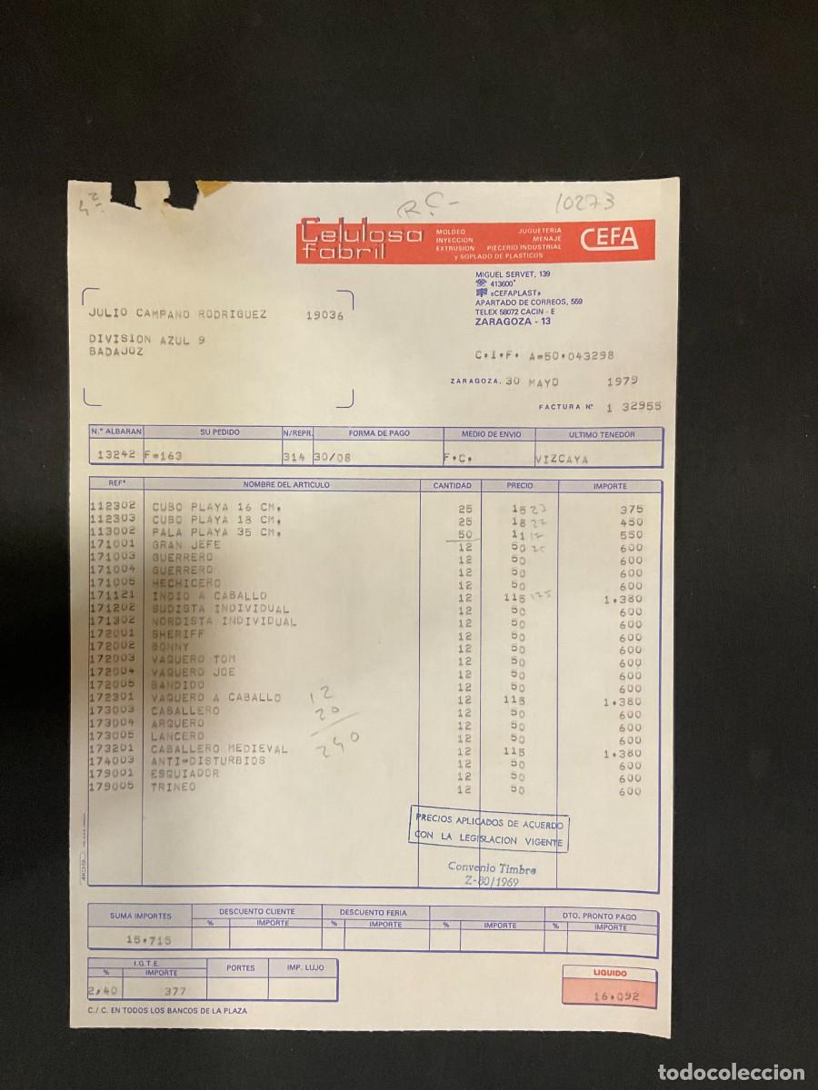 Alte Rechnungen: FACTURA. CELULOSA FABRIL. CEFA. ZARAGOZA. 1979. CUBO PLAYA