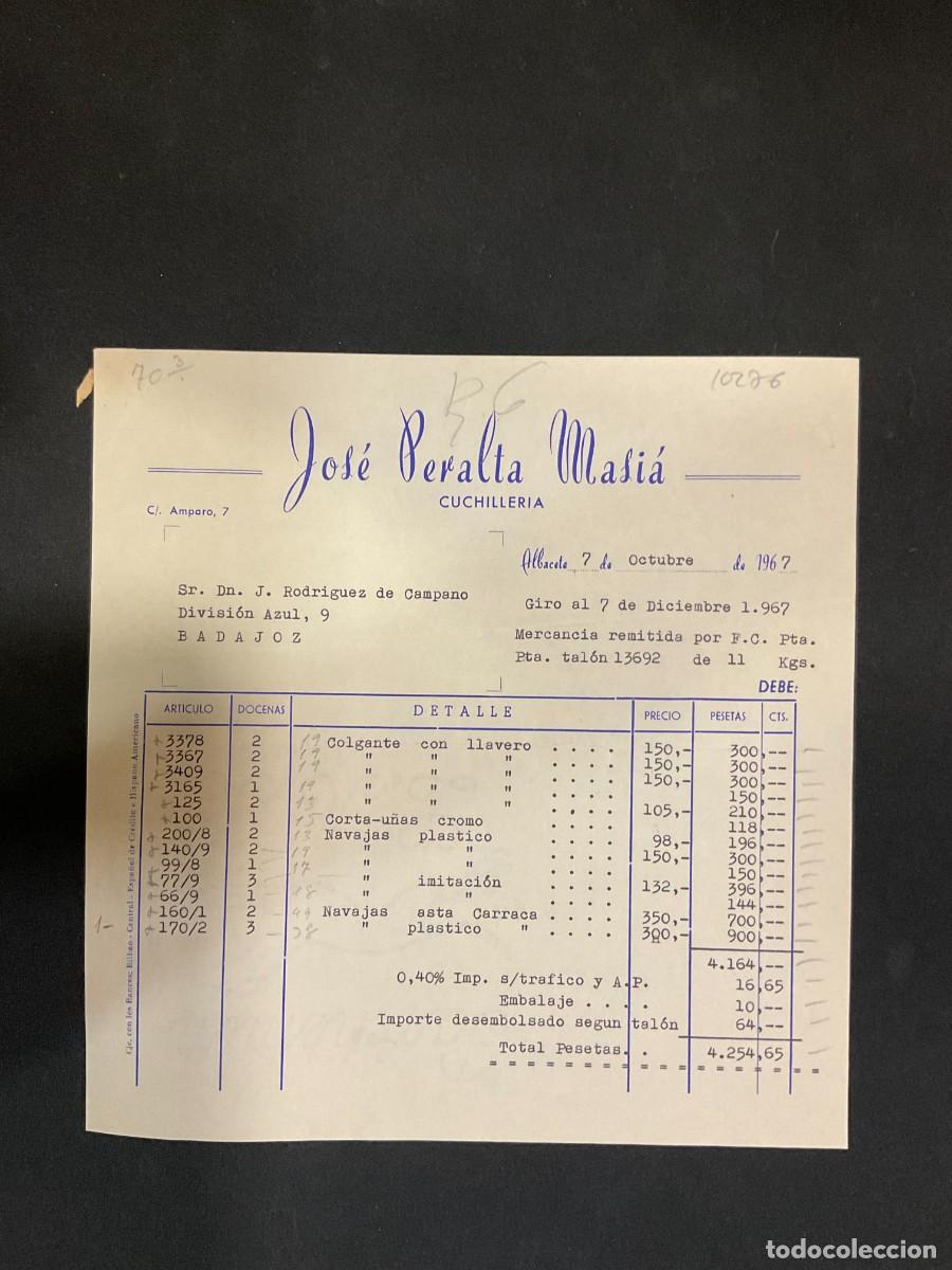 Alte Rechnungen: FACTURA. JOSE PERALTA MASIA. CUCHILLERIA. ALBACETE. 1967