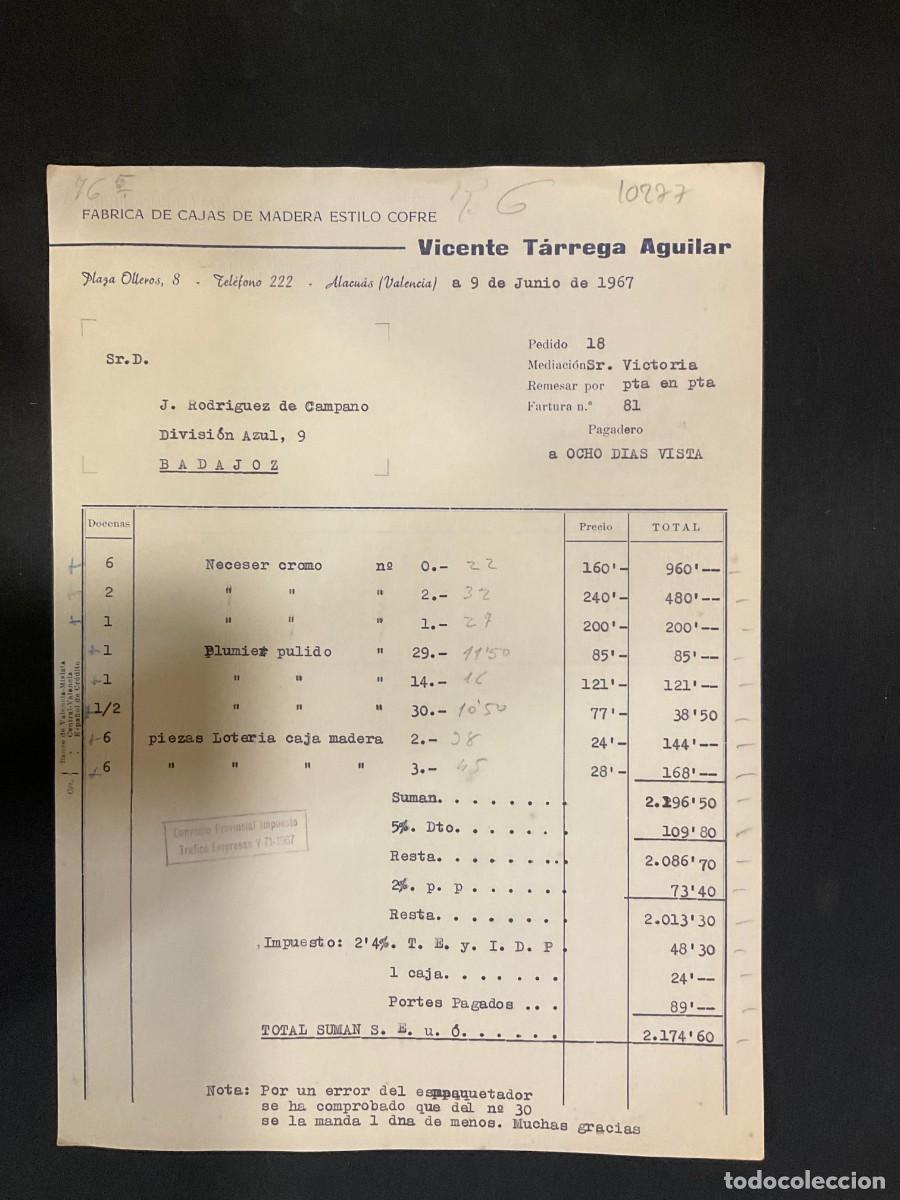 Alte Rechnungen: FACTURA. VICENTE TARREGA AGUILAR. ALACUAS. VALENCIA 1967