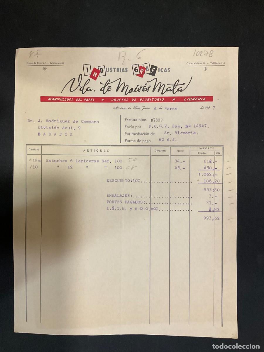 Alte Rechnungen: FACTURA. INDUSTIAS GRAFICAS. VIUDA DE MOISES MATA. LIBRERIA. ALCAZAR DE SAN JUAN. 1967