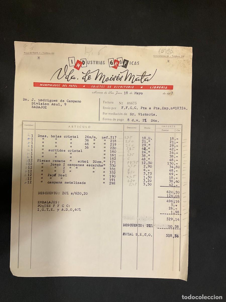 Alte Rechnungen: FACTURA. INDUSTIAS GRAFICAS. VIUDA DE MOISES MATA. LIBRERIA. ALCAZAR DE SAN JUAN. 1967