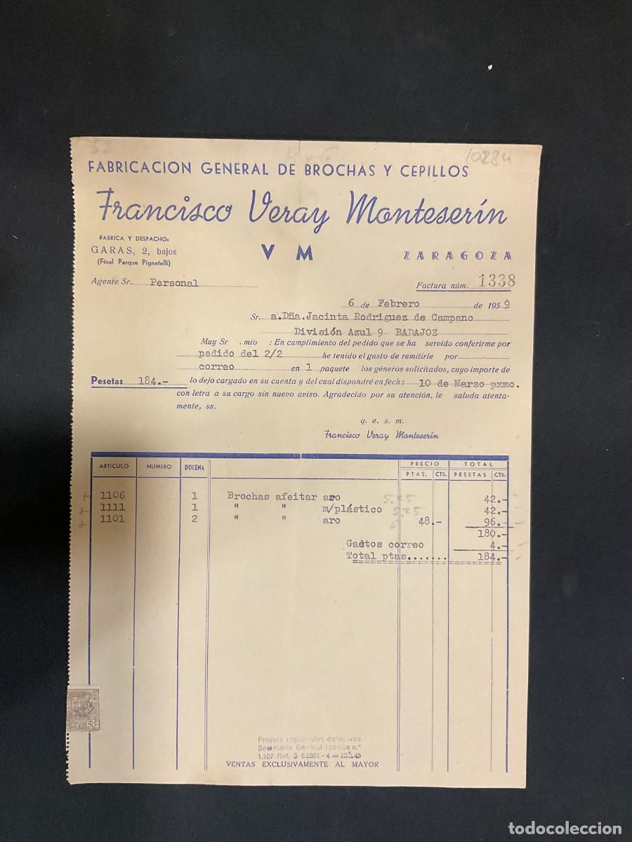 Alte Rechnungen: FACTURA. FABRICACION GENERAL DE BROCHAS. FRANCICO VERAY MONTESERIN. ZARAGOZA. 1959