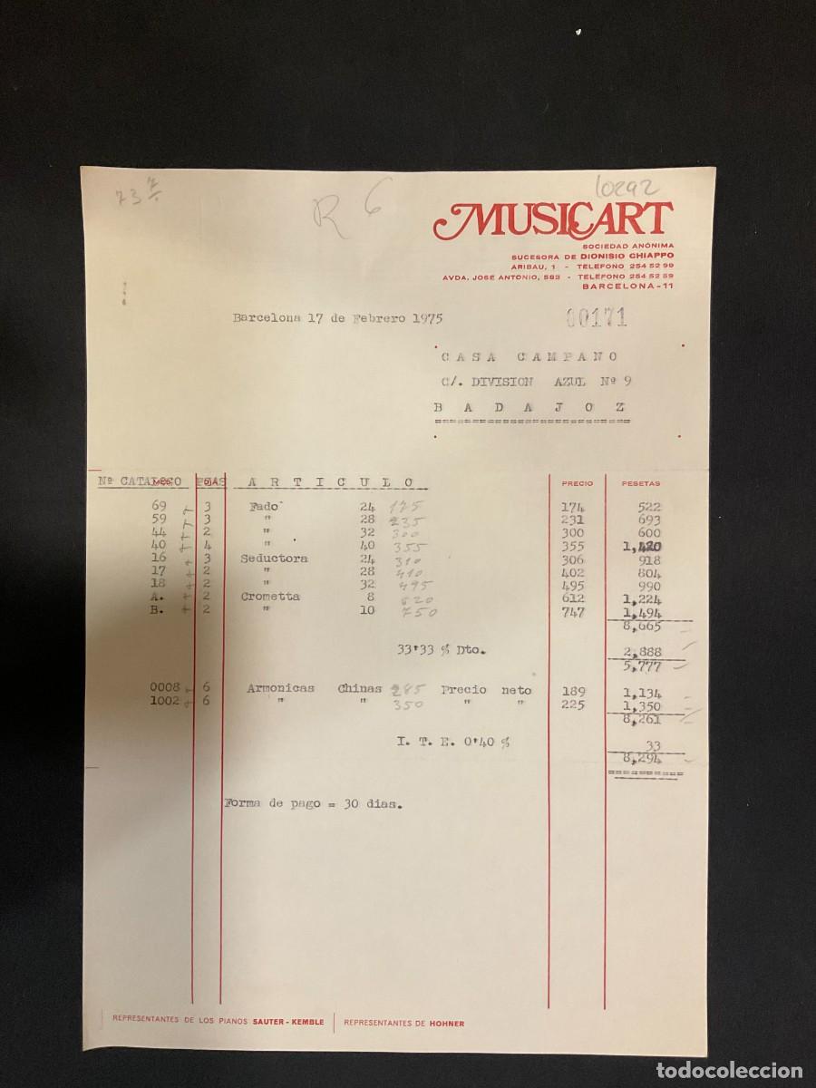 Alte Rechnungen: FACTURA. MUSICART. SUCESORA DE DIONISIO CHIAPPO. BARCELONA. 1975