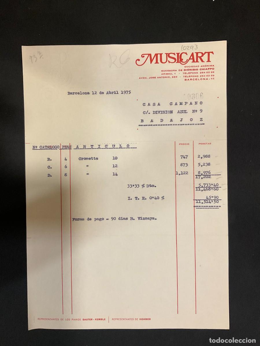 Alte Rechnungen: FACTURA. MUSICART. SUCESORA DE DIONISIO CHIAPPO. BARCELONA. 1975