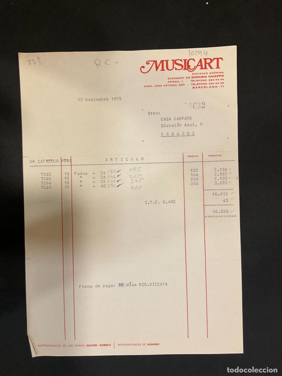 Alte Rechnungen: FACTURA. MUSICART. SUCESORA DE DIONISIO CHIAPPO. BARCELONA. 1975
