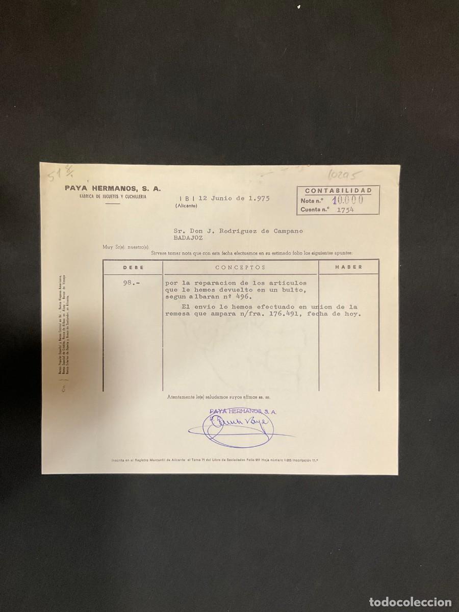 Facturas antiguas: FACTURA. PAYA HERMANO.S FABRICA DE JUGUETES Y CUCHILLERIA. 1975. ALICANTE.