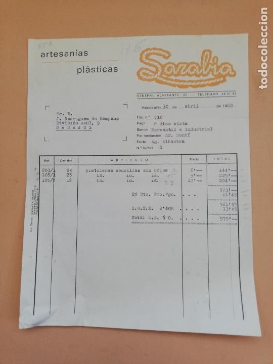 Alte Rechnungen: FACTURA. ARTESANIAS PLASTICAS. SARABIA. VALENCIA, 1969.