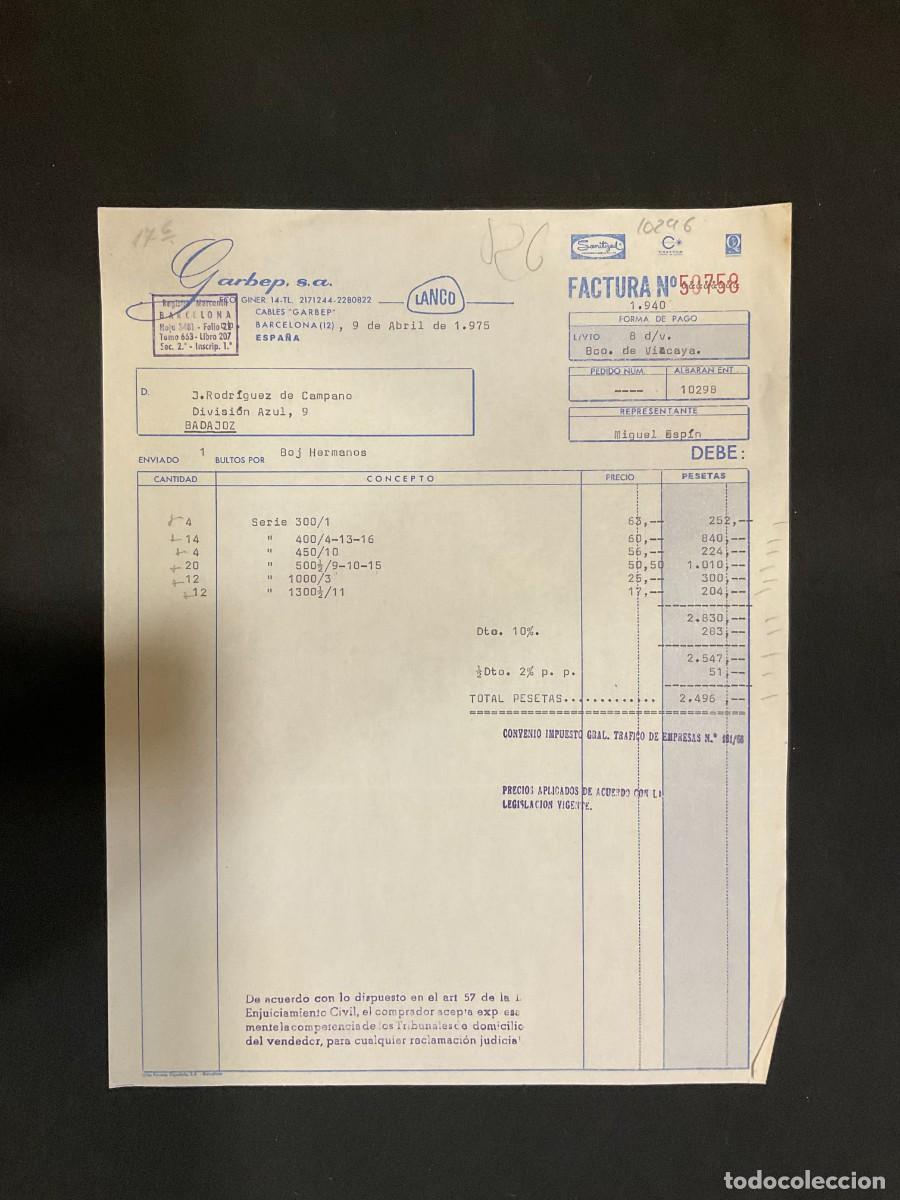 Alte Rechnungen: FACTURA. GARBEP. LANCO. BARCELONA 1975. CABLES GARBEP. ESPA&Ntilde;A
