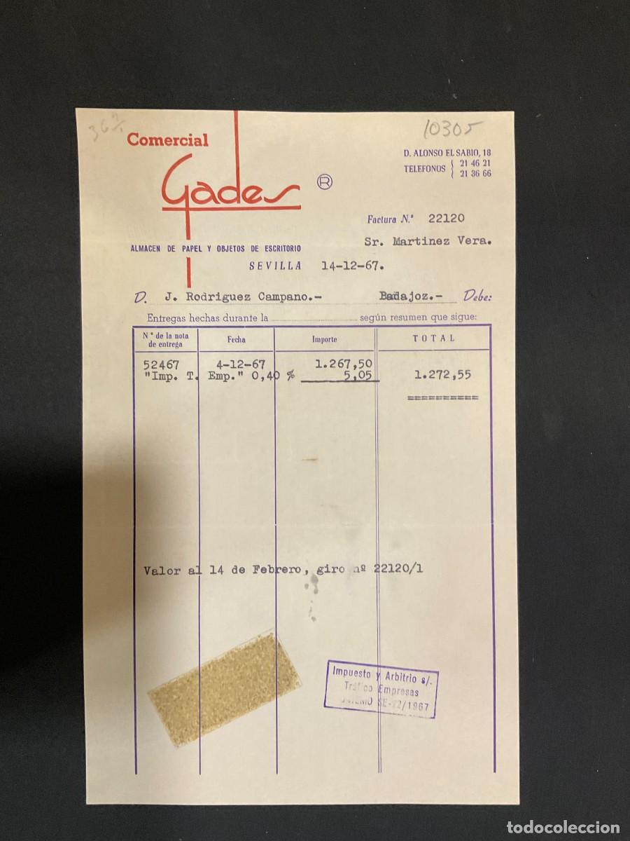 Alte Rechnungen: FACTURA. COMERCIAL GADES. ALMACEN DE PAPEL Y OBJETOS DE ESCRITORIO. SEVILLA. 1967