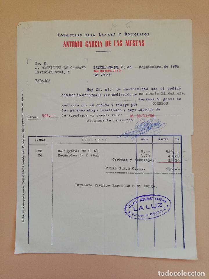 Alte Rechnungen: FACTURA. FORNITURAS PARA LAPICES Y BOLIGRAFOS. ANTONIO GARCIA DE LAS MESTAS. BARCELONA, 1966.