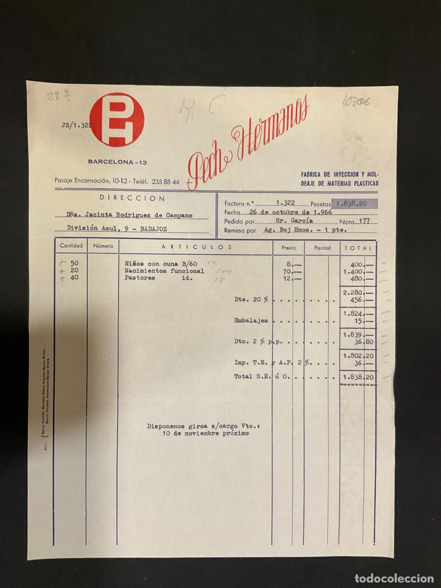 Alte Rechnungen: FACTURA. PECH HERMANOS. BARCELONA. INYECCION Y MODEAJE DE MATERIAS PLASTICAS. 1966