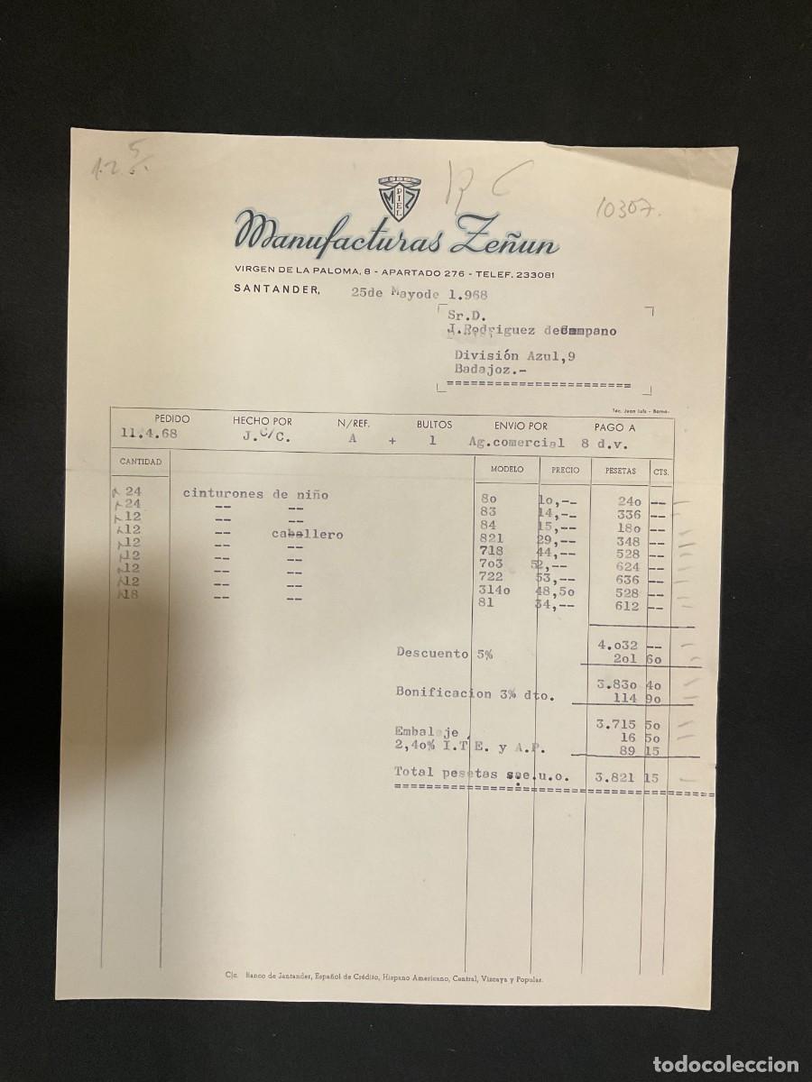 Alte Rechnungen: FACTURA. MANUFACTURAS ZE&Ntilde;UN. SANTANDER. 1968. CINTURONES DE NI&Ntilde;O