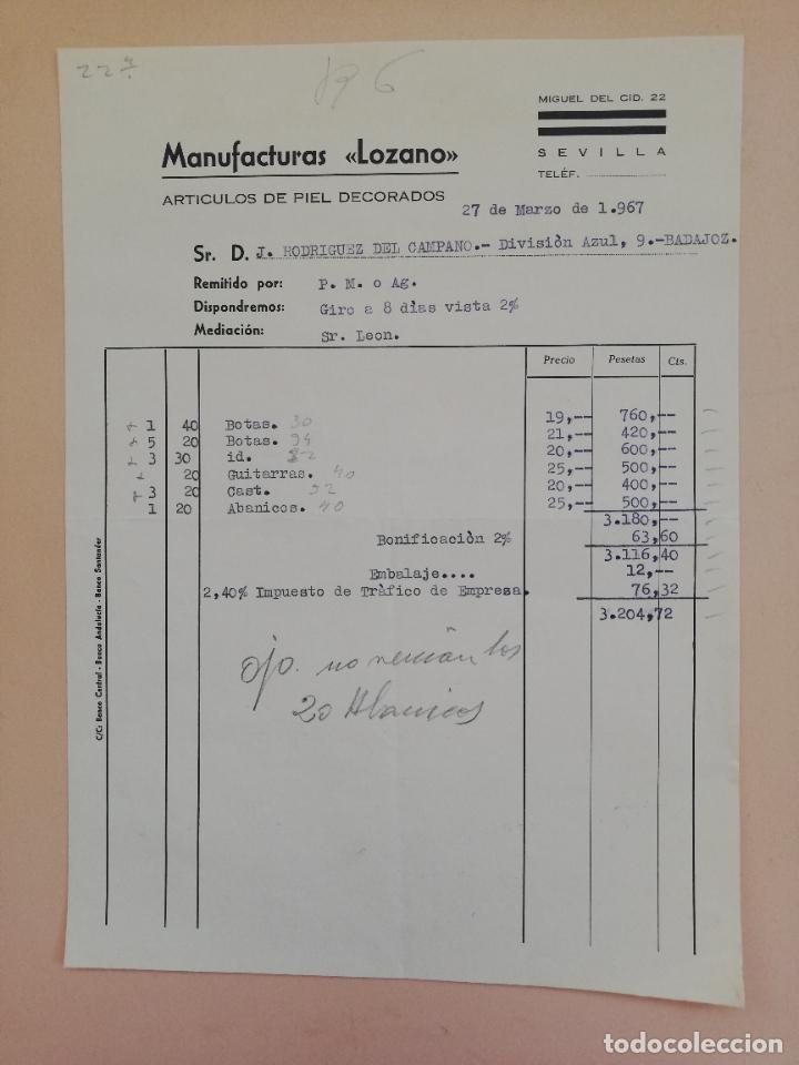 Alte Rechnungen: FACTURA. ARTICULOS DE PIEL DECORADOS. MANUFACTURAS LOZANO. SEVILLA, 1967.