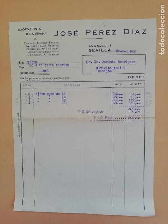 Alte Rechnungen: FACTURA. JOSE PEREZ DIAZ. EXPORTACION A TODA ESPA&Ntilde;A. SEVILLA, 1956.
