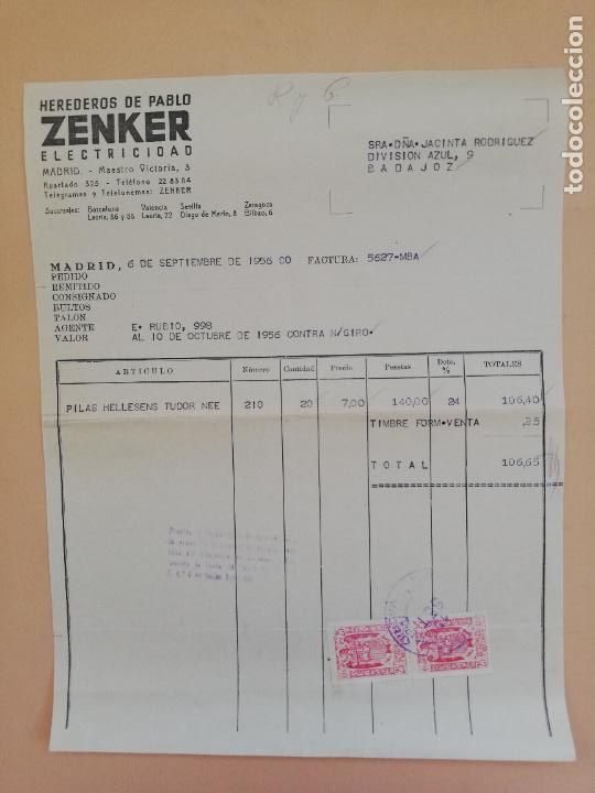 Alte Rechnungen: FACTURA. ZENKER, ELECTRICIDAD. HEREDEROS DE PABLO. MADRID, 1956.