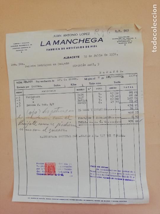 Alte Rechnungen: FACTURA. FABRICA DE ARTICULOS DE PIEL. LA MANCHEGA. JUAN ANTONIO LOPEZ. ALBACETE. 1956.