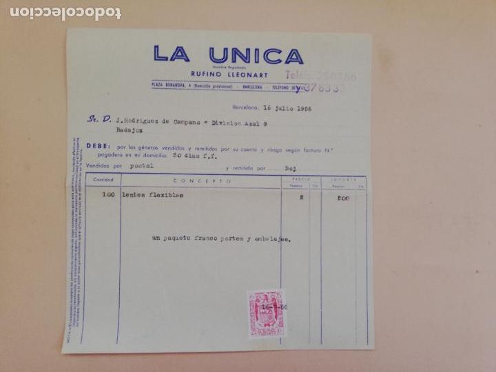 Alte Rechnungen: FACTURA. LA UNICA. BARCELONA. 1956.