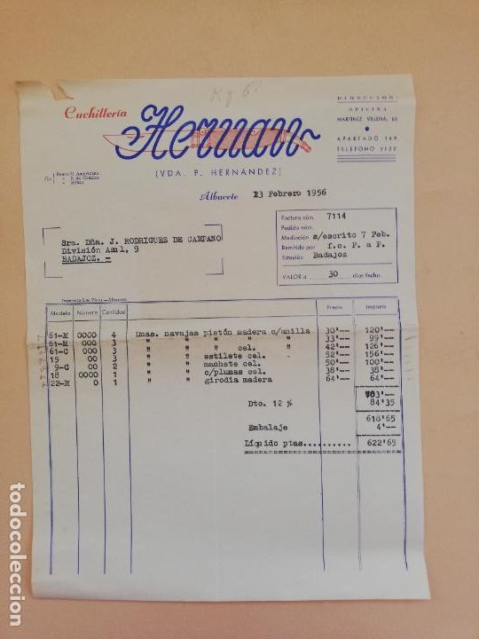 Alte Rechnungen: FACTURA. CUCHILLERIA. HERUAN. ALBACETE. 1956.