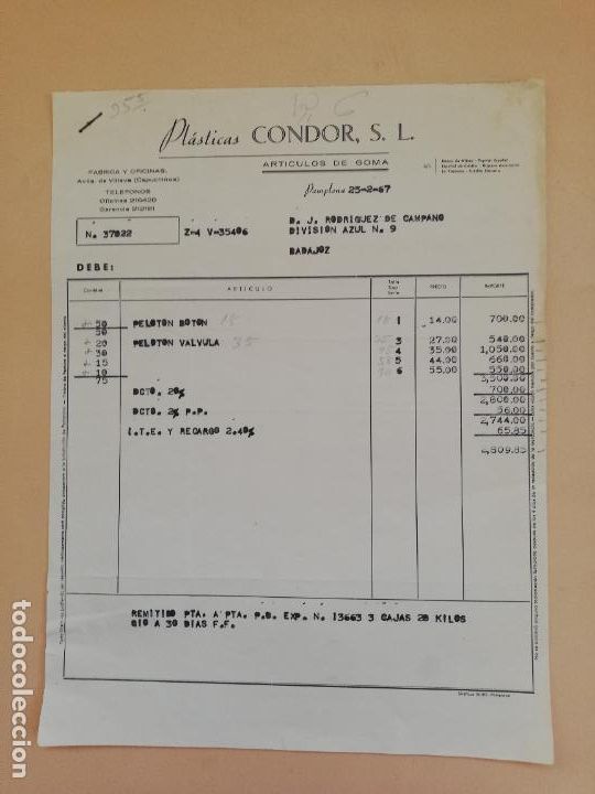 Alte Rechnungen: FACTURA. PLASTICAS CONDOR, S. L. ARTICULOS DE GOMA. PAMPLONA. 1967.