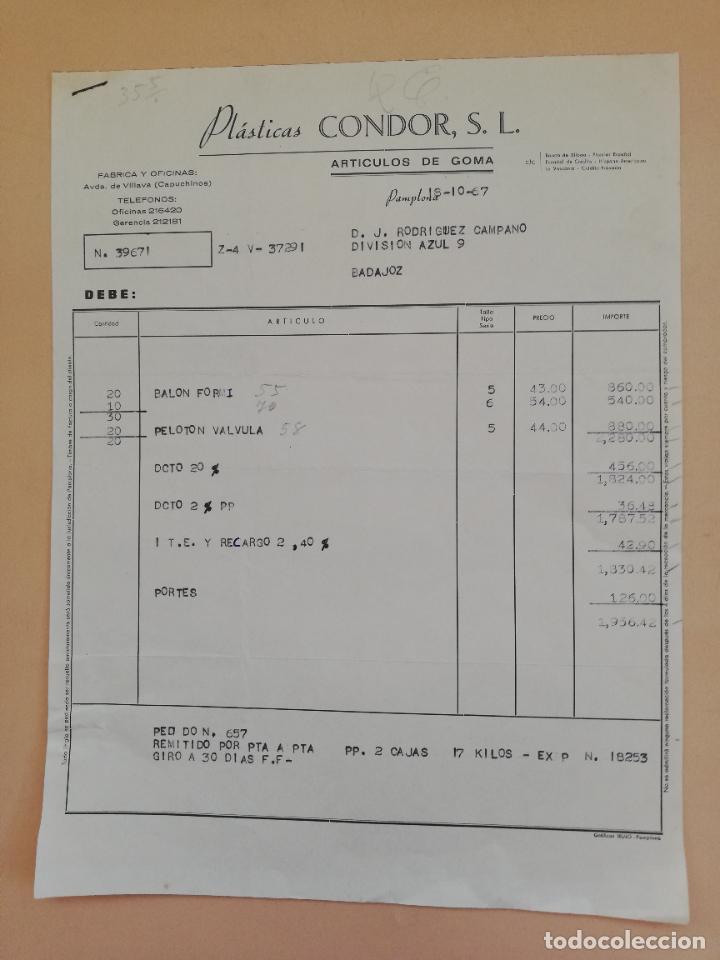 Alte Rechnungen: FACTURA. PLASTICAS CONDOR, S. L. ARTICULOS DE GOMA. PAMPLONA. 1967.