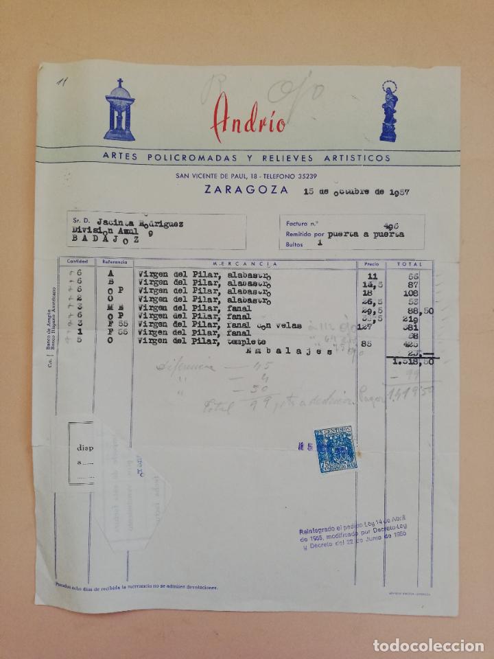 Alte Rechnungen: FACTURA. ARTES POLICROMADAS Y RELIEVES ARTISTICOS. ANDRIO. ZARAGOZA. 1957.